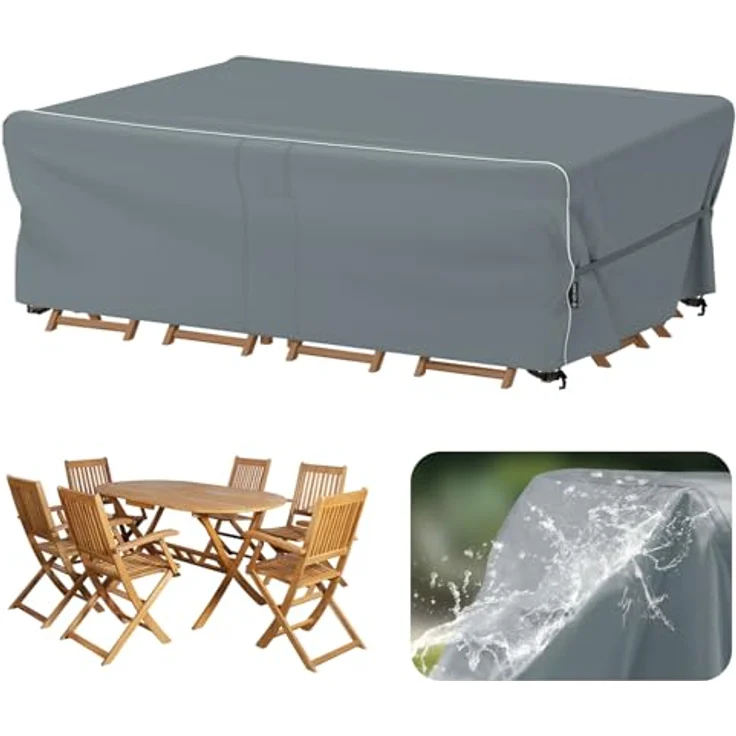 Velway Gartenmöbel Abdeckung Wasserdicht 200 x 160 x 74 cm - Winddicht Schutzhülle mit Reflektierender Streifen 600D Oxford Möbelsets Abdeckung Staubfest Abdeckhauben für Gartentisch Sitzgruppe Grau – Bild 2