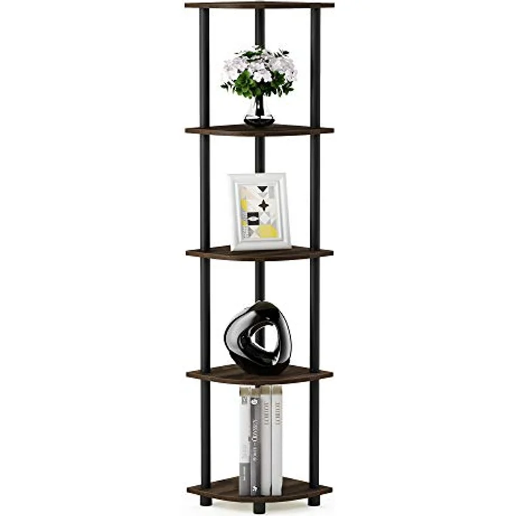 Furinno Eckregal mit 5 Ebenen, Mehrzweckregal, Holz, Columbia Walnut/Schwarz, 29. 46x29. 46x146. 56 cm – Bild 2
