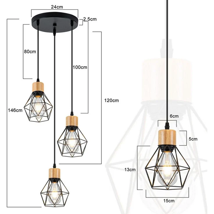 Nettlife Pendelleuchte Vintage Schwarz 3flammig Industrielle Eleganz aus Metall Holz E27, ohne Leuchtmittel, für Wohnzimmer Esszimmer Küche Schlafzimmer in Restaurants und Cafés – Bild 3