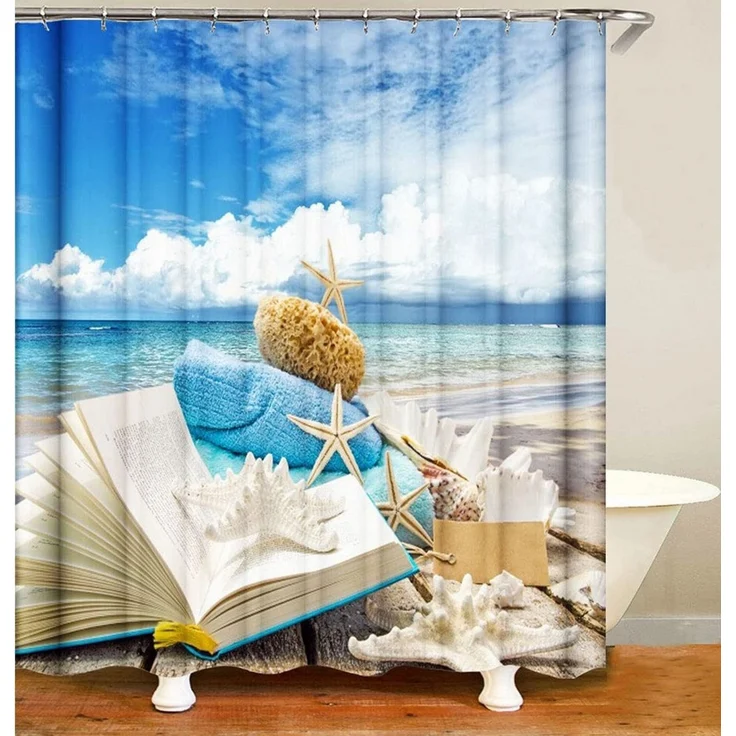 M&W DAS DESIGN Duschvorhang 180x200 Shower curtains Anti schimmel Waschbar Meer Strand und Bücher – Bild 1