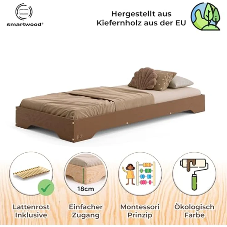 smartwood Kinderbett 140x200 Braun - Bodenbett aus Kiefernholz mit FSC-Zertifikat - Montessori Bett mit geradem Lattenrost bis zu 300 kg für Jungen und Mädchen - Einfache Montage - TILA 7 – Bild 4