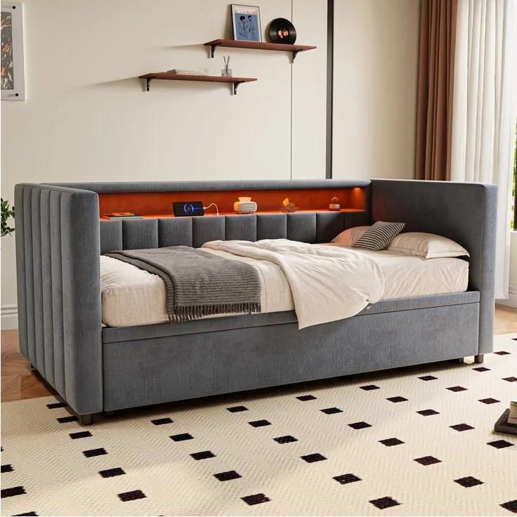 Celya Schlafsofa Multifunktionales mit ausziehbarem Bett, ohne Matratze mit USB-Type-C-Anschluss, LED-Ambiente und Stauraum, für Wohnzimmer, Gästezimmer oder Jugendzimmer