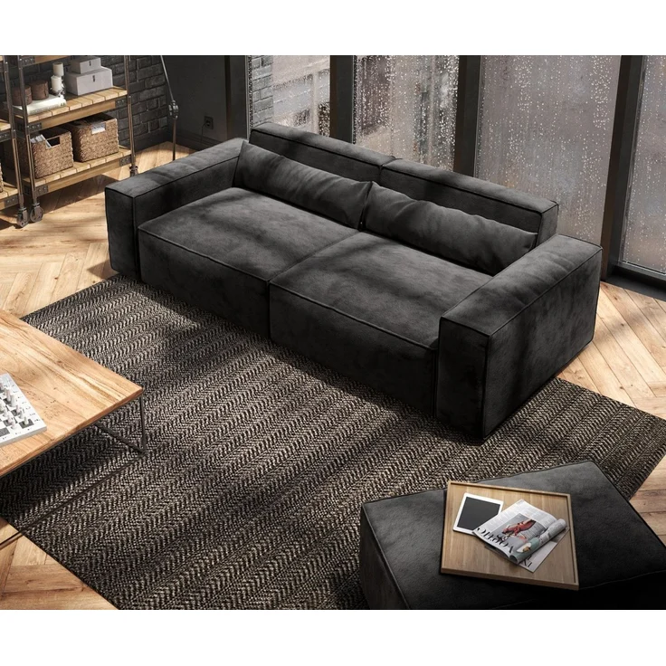 DELIFE Big-Sofa Sirpio, Mikrofaser schwarz 230x95 cm mit Hocker – Bild 4