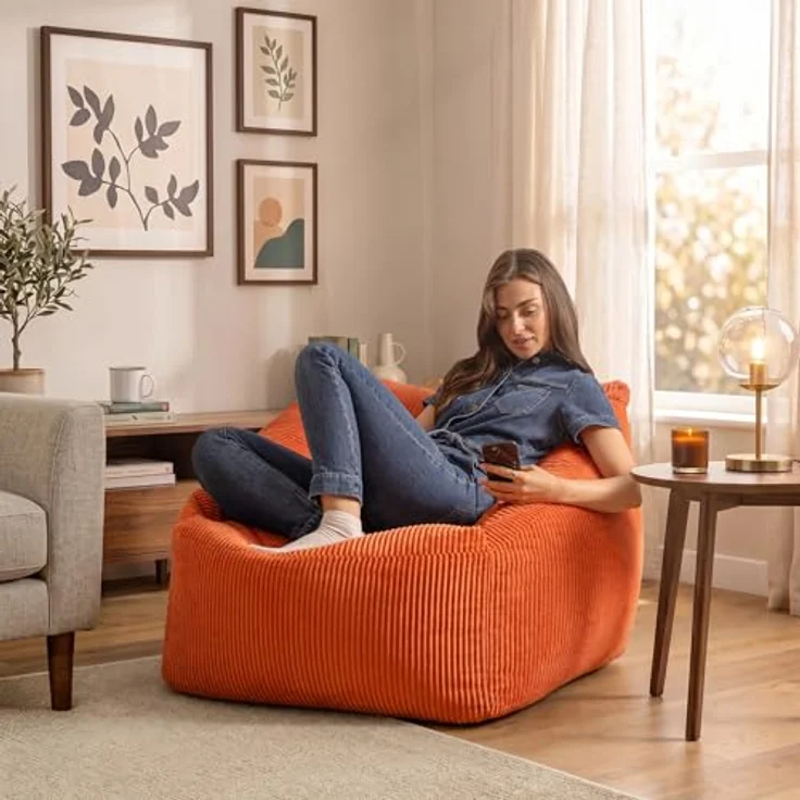 Icon Natalia Sitzsack Sessel für Erwachsene, Orange, Flauschiger Cord Stoff, Riesen Sitzsack Cord mit Füllung, Bean Bag Chair, Bequemer Sessel Wohnzimmer, Lounge, Schlafzimmer, Büro – Bild 3