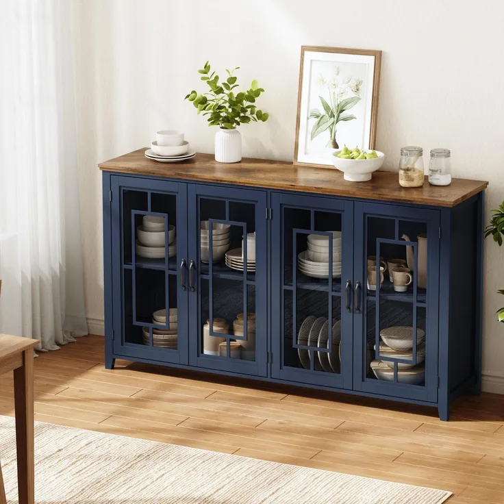 Merax 160cm Küchen-Sideboard mit Glastüren, einem geräumigen Staufach, einer Arbeitsplatte in Holzoptik und einer Kippsicherung, Blau