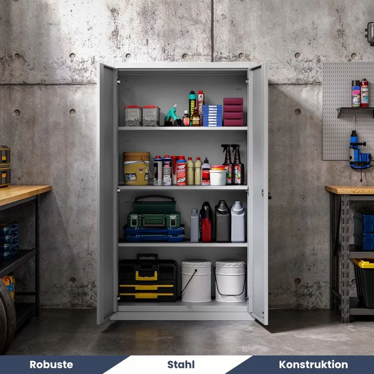 Metallschrank mit Sockel RUEL - 160x90x40cm Grau | Büroschrank Aktenschrank Stahlschrank Fachbodenschrank Werkstattschrank – Bild 4