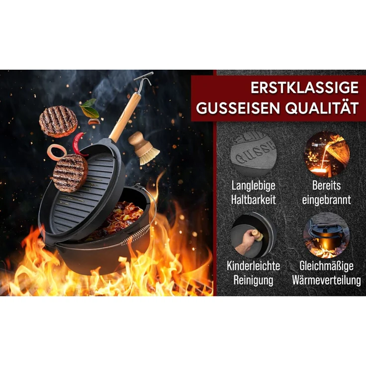 Dutch Oven 9 L mit Füßen – Gusseisen Feuertopf eingebrannt mit 2in1 Deckelheber, Bürste & Rezeptbuch für Outdoor & Camping – Bild 14