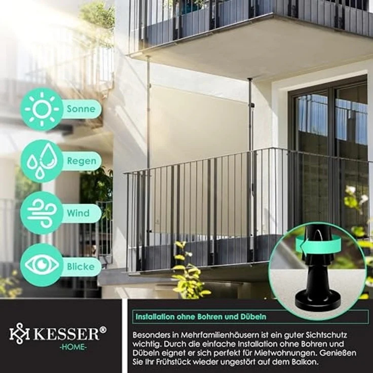 KESSER® Klemmmarkise Senkrechtmarkise außen Ausziehbar & Blickdicht | Vertikalmarkise mit Handkurbel ohne Bohren | Balkon-Sichtschutz & Windschutz für Garten & Terrasse Wasserfest Beige, 100 x 310 cm – Bild 4