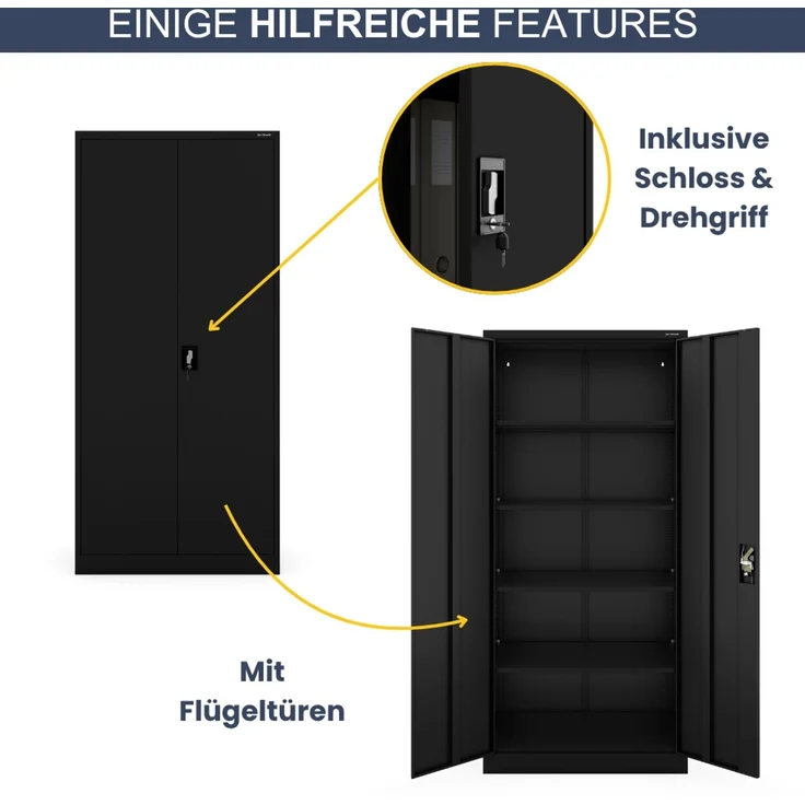 Aktenschrank abschließbar KADO - 5 Ebenen verstellbar, Flügeltüren | Metallschrank Werkstatt Mehrzweckschrank Büroschrank aus Stahl Werkzeugschrank, 195 x 90 x 60 cm Schwarz – Bild 5