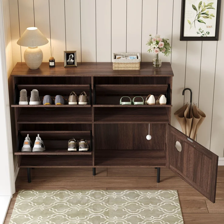 Schuhschrank aus Spanplatte mit 4 Türen & Klappenfächern, 120x28x92 cm, Walnussfarbe – Bild 5