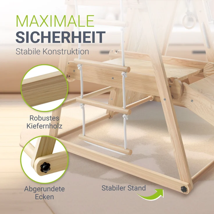 Juskys Mini Klettergerüst mit Rutsche, Kletterwand, Kletternetz & Turnringe, klappbar, Holzwerkstoff natur, 105 x 100 x 100 cm – Bild 4
