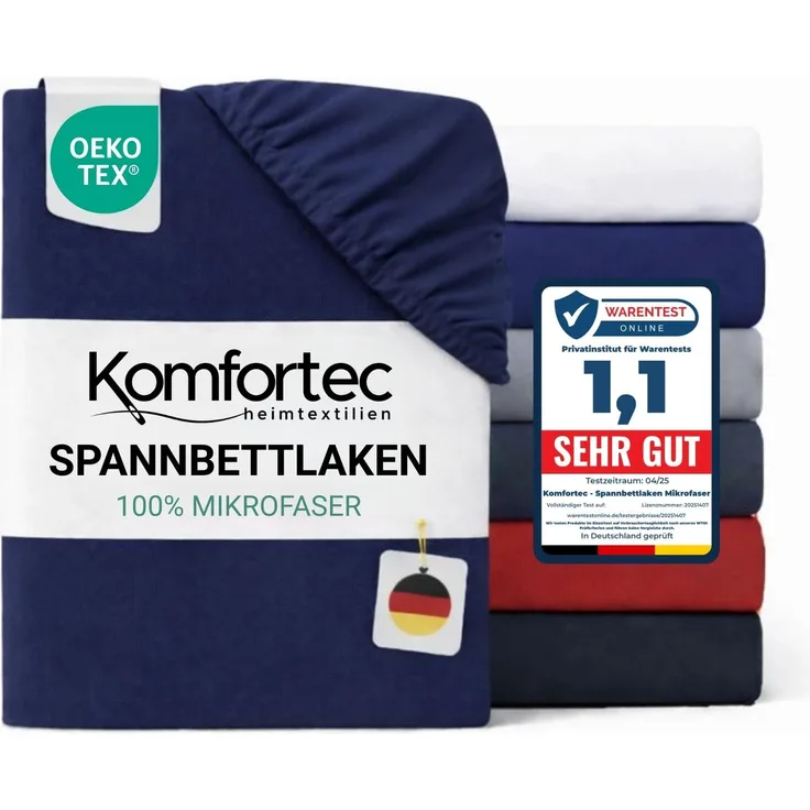 Komfortec Mikrofaser Spannbettlaken 160x200 cm – Weiches Spannbetttuch mit Rundumgummi – Fitted Sheet für Matratzen bis 30 cm – Blau – Oeko-Tex – Pflegeleicht & Hautfreundlich – 90g/m²