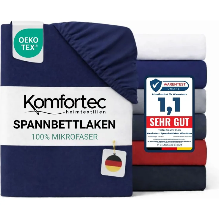 Komfortec Mikrofaser Spannbettlaken 160x200 cm – Weiches Spannbetttuch mit Rundumgummi – Fitted Sheet für Matratzen bis 30 cm – Blau – Oeko-Tex – Pflegeleicht & Hautfreundlich – 90g/m²