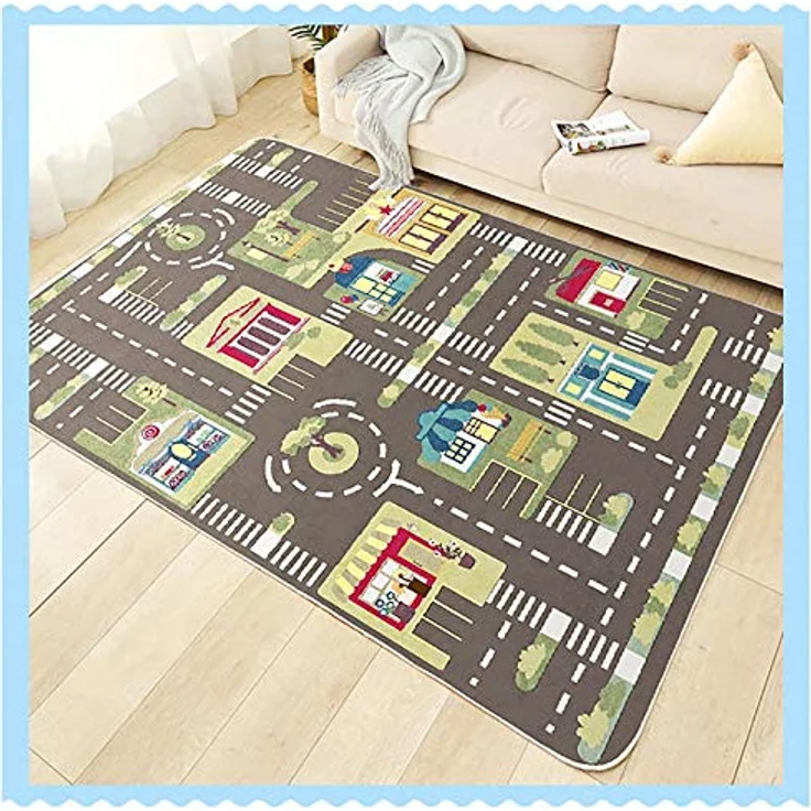 TYKTZXY Kinderteppich Spielen Teppich Straße Auto Tier Universum Blau Grau(80×160cm,31×63inch) – Bild 7