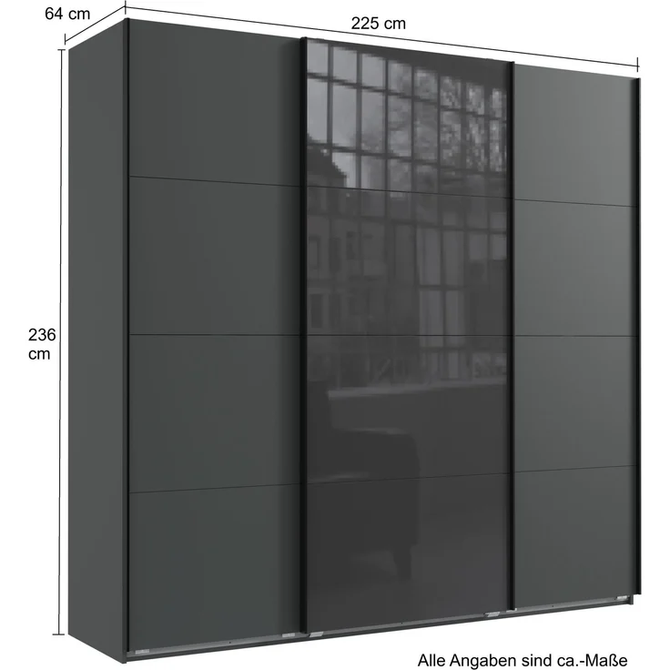 Schwebetürenschrank Kleiderschrank B225 cm extra H236 cm 3-trg. Grafit, 1x Tür Glas Grau – Bild 5