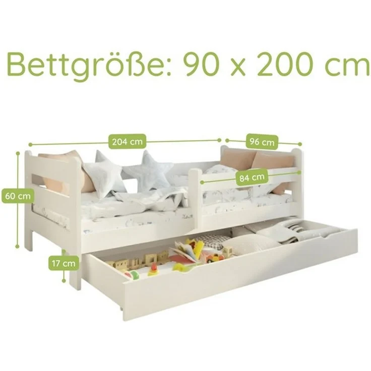 Kids Collective Kinderbett Kinder Jugendbett 80x160 und 90x200 cm Mit Schublade & Rausfallschutz, 90×200 cm, stabiles Kiefernholz, Weiß – Bild 4