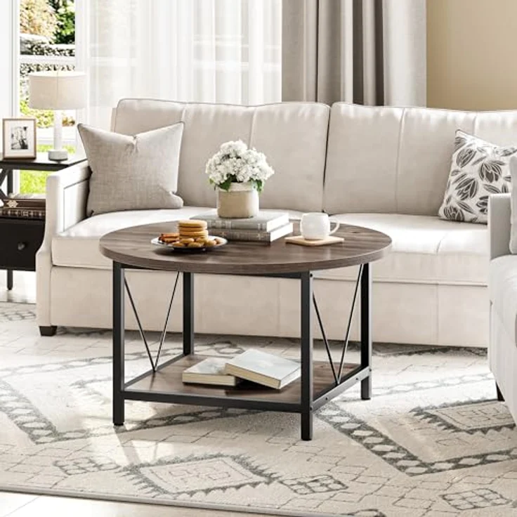 YITAHOME Runder Couchtisch, 80 x 80 x 46 cm Rustikaler Wohnzimmertisch aus Holz für Wohnzimmer mit Ablage, Moderner Bauernhaus Couchtisch mit Stabilen Metallbeinen, Heimmöbel – Bild 5