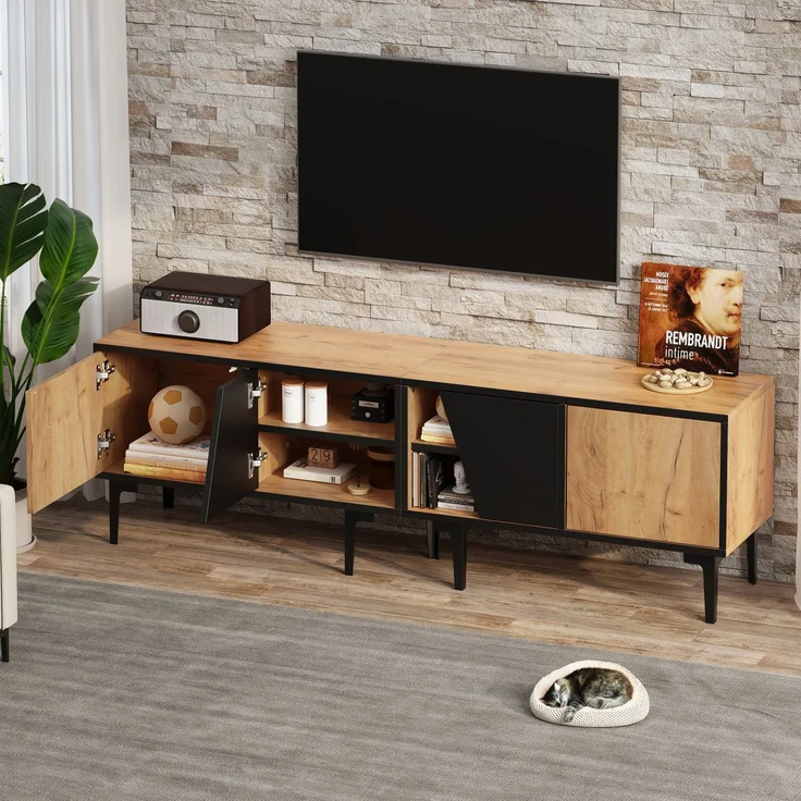 TV-Schrank 160x36,5x45 cm in Naturholzoptik mit 4 Fächern & diagonalen Türen – Bild 2