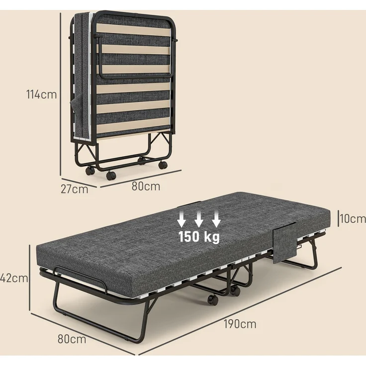 MELAYR, Klappbett, Matratze, 4 Rollen, Metallgestell, bis 150 kg, 190 x 80 x 42 cm, Dunkelgrau – Bild 5