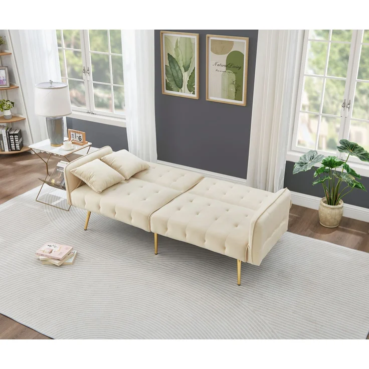 Zweisitzer-Sofabett, verstellbare Rückenlehnen & Armlehnen, Velours, beige, 178x82x70 cm – Bild 3
