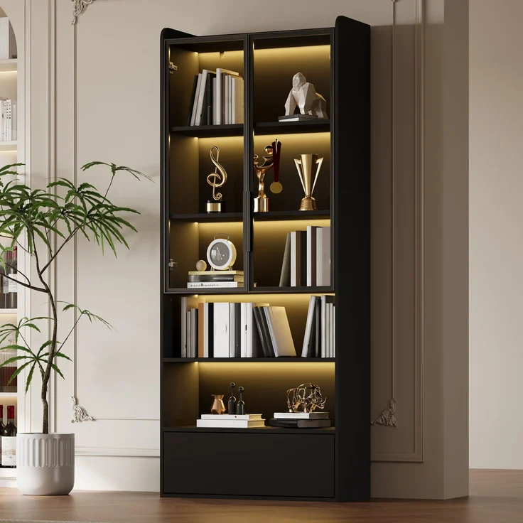 80*34*180cm Vitrine, Hochschrank mit 1 Schubladen und Glasschranktüren, Hochschrank Glasvitrine mit LED und Offene Partition, Standregal Schrank Vitrine,Wohnzimmerschrank mit Glastüren, Schwarz--Schwarz--80x34x180cm--YOUDENOVA – Bild 1