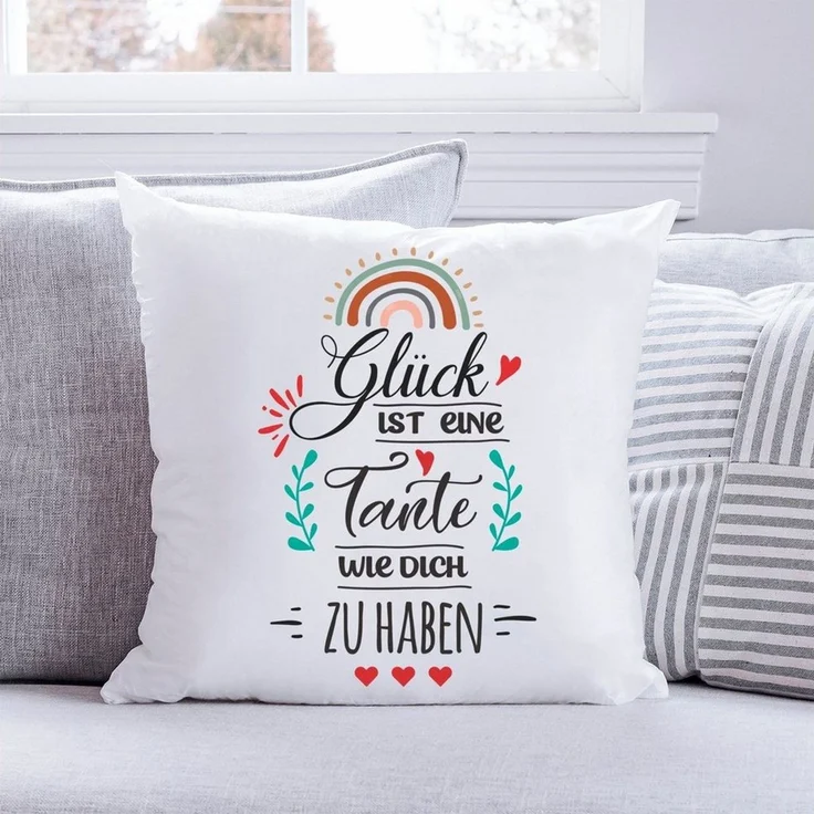 GRAVURZEILE Zierkissen mit Spruch - Glück ist - Geschenk für Freunde & Familie -, starke Farben ohne verblassen - Tante - mit Füllung – Bild 1