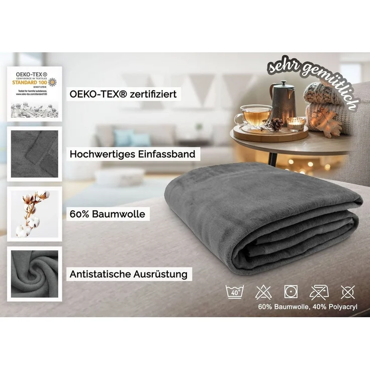 ZOLLNER Kuscheldecke mit Einfassband, 150x200 cm, grau – Bild 3