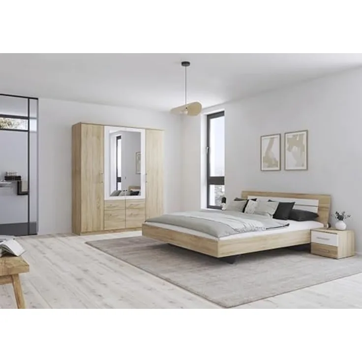 Rauch Möbel Burano Schlafzimmer, Eiche Sonoma / Weiß, bestehend aus Bett mit Liegefläche 180x200 cm inklusive 2 Nachttische und Drehtürenschrank BxHxT 181 x 212 x 58 cm
