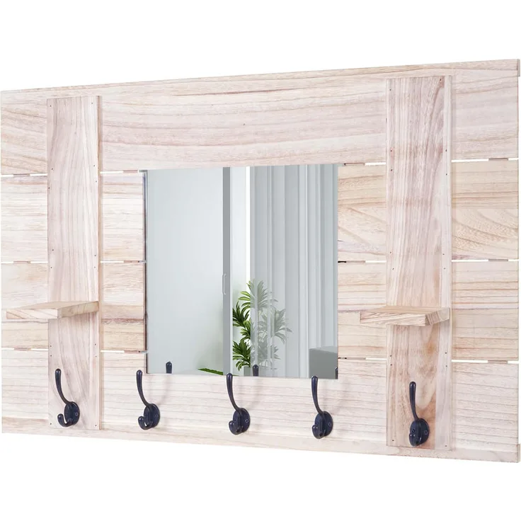 MCW Wandgarderobe, Braun, Holz, 90x60x14 cm, mit Spiegel und 5 Haken in Shabby-Look