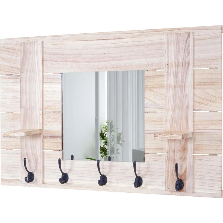 MCW Wandgarderobe, Braun, Holz, 90x60x14 cm, mit Spiegel und 5 Haken in Shabby-Look