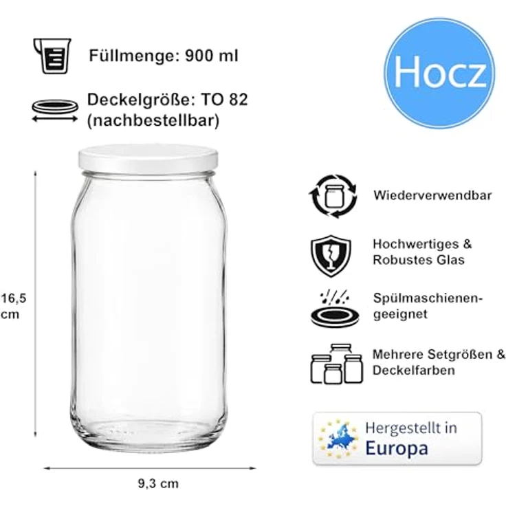 hocz 100x Einmachgläser 900 ml | mit Deckel Weiß TO 82 | leere Gläser mit Schraubdeckel zum befüllen | Sturzgläser, Schraubgläser, Marmeladengläser Set | 100 Stück – Bild 2