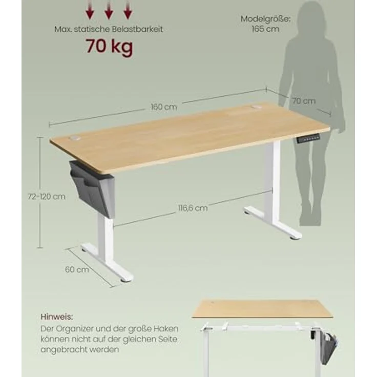 SONGMICS Höhenverstellbarer Schreibtisch elektrisch, 160x70 cm, Verstellbarer Tisch, Memory-Funktion für 4 Höhen, für Büro, goldeichenfarben LSD136Y01 – Bild 4