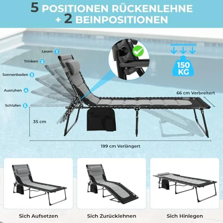 Clevich XXL Liegestuhl klappbar, 199×66 cm Übergroße Sonnenliege mit 5-Fach Verstellbarer Rückenlehne, Gartenliege mit Kopfkissen & Seitentasche, Campingliege bis 150 kg für Strand, Pool – Bild 4