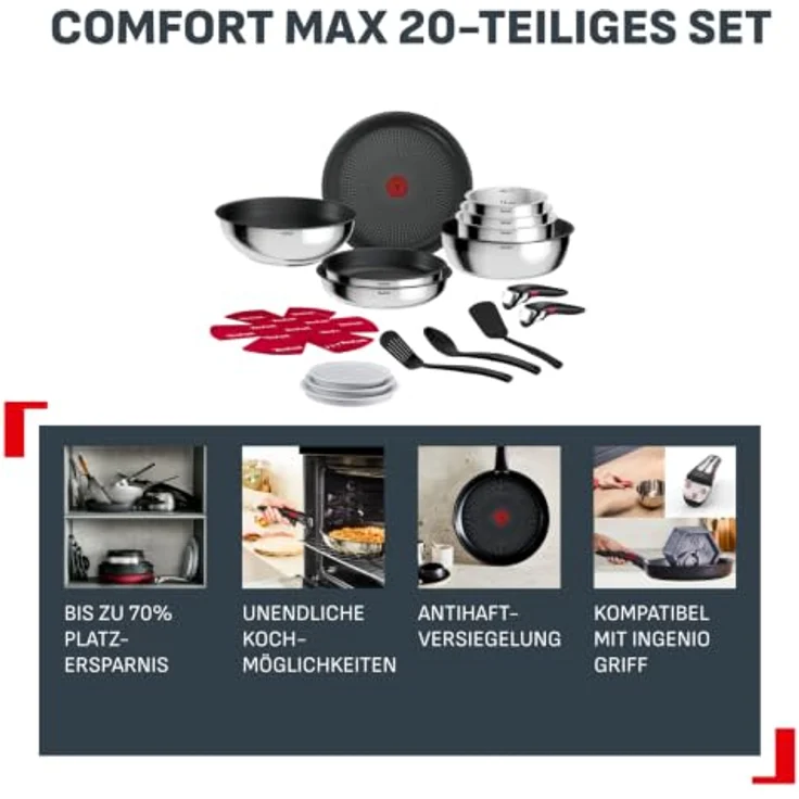 Tefal Ingenio Comfort Max 20-tlg. Kochgeschirr-Set, Titanium Antihaftversiegelung, stapelbar, platzsparend, Thermo-Signal, für alle Herdarten, sicherer Griff, mühelose Reinigung, Edelstahl, L966SK44 – Bild 3