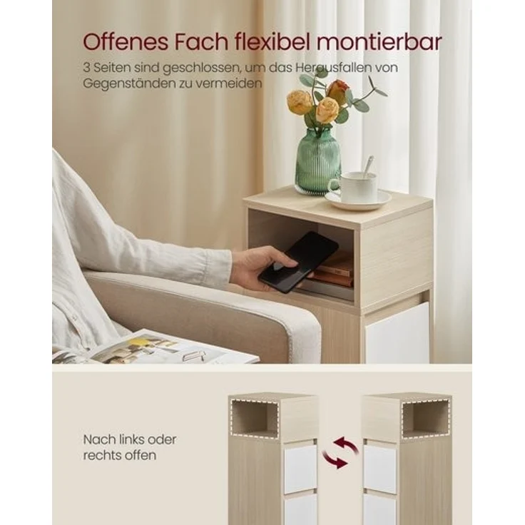 Vasagle Nachttisch, schmal, Beistelltisch mit 2 Schubladen, offenes Fach nach links oder rechts flexibel montierbar, für Schlafzimmer, Wohnzimmer, naturbeige-wolkenweiß LETDE656N01 – Bild 3
