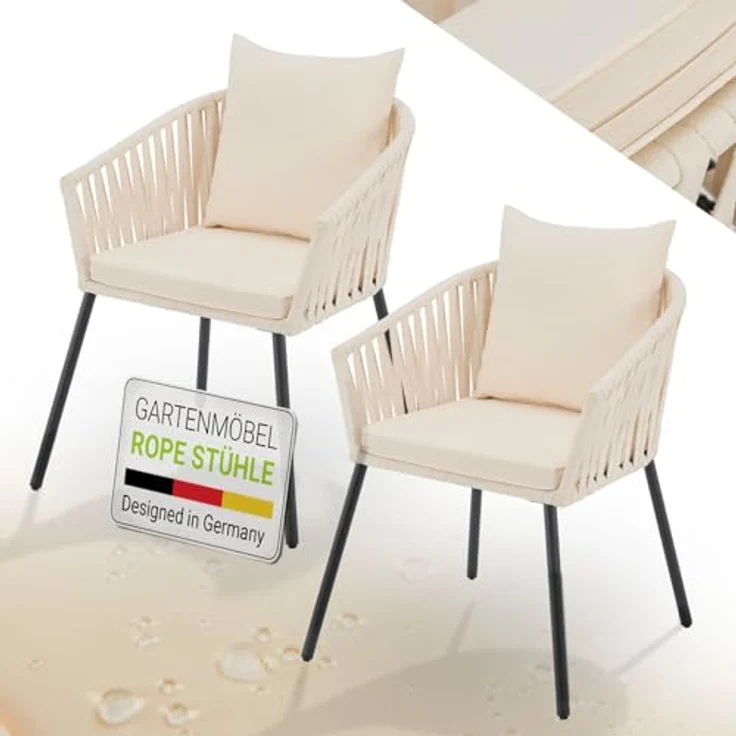 Juskys Rope Stühle 2er Set - Gartenstühle mit Seilgeflecht & Polster - wetterfester & bis 160 kg belastbar - Stahl mit Pulverbeschichtung - Beige – Bild 2