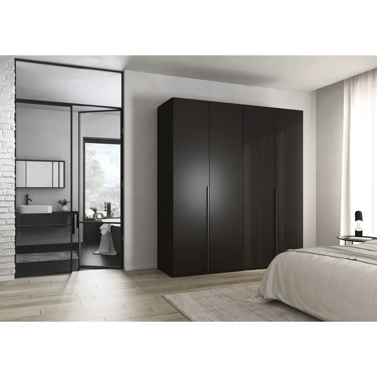 rauch Montclar Kleiderschrank 4-türig, mit 7 Einlegeböden, 2 Kleiderstangen, 1 Schubkasteneinsatz, 1 Inneneinteilung, 1 Innenspiegel, Farbe Schwarz, BxHxT 201x223x60 cm