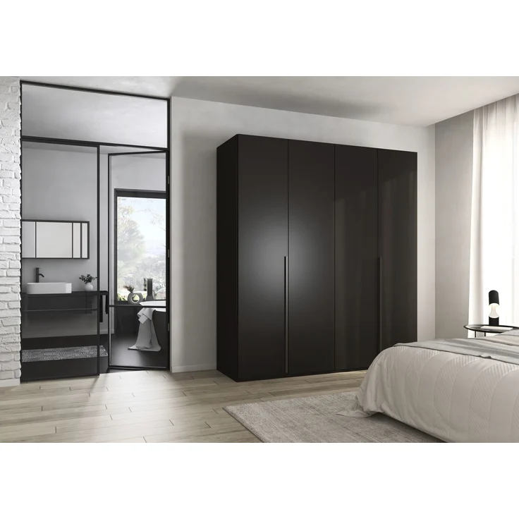 rauch Montclar Kleiderschrank 4-türig, mit 7 Einlegeböden, 2 Kleiderstangen, 1 Schubkasteneinsatz, 1 Inneneinteilung, 1 Innenspiegel, Farbe Schwarz, BxHxT 201x223x60 cm – Bild 1