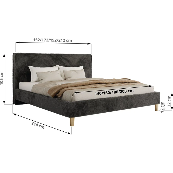 Design Polsterbett LUMARO CLASSIC 160x200 cm mit Lattenrost & 12cm hohen Füßen, Doppelbett mit Kopfteil, Konfigurierbar, Multipocket Matratze - Dunkelgrau Plüsch - ELORI LUX – Bild 4