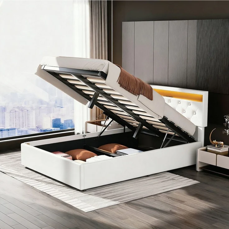 oyajia Polsterbett Doppelbett mit Steckdosen & LED Beleuchtung,Hydraulischem Stauraum (Funktionbett mit Hydraulikstange,Tragfähigkeit: 365kg, Strapazierfähig,Metallrahmen), Bettgestell mit Lattenrost,Leinenmaterial Polsterbett, ohne matratze – Bild 2