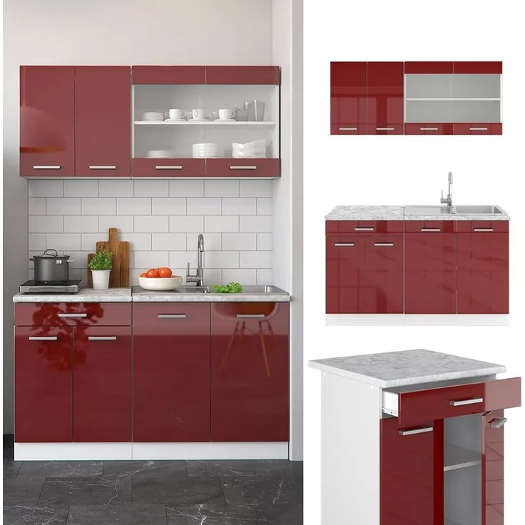 Singleküche R-Line Rot Hochglanz/Weiß 140 cm , AP Marmor Vicco – Bild 5