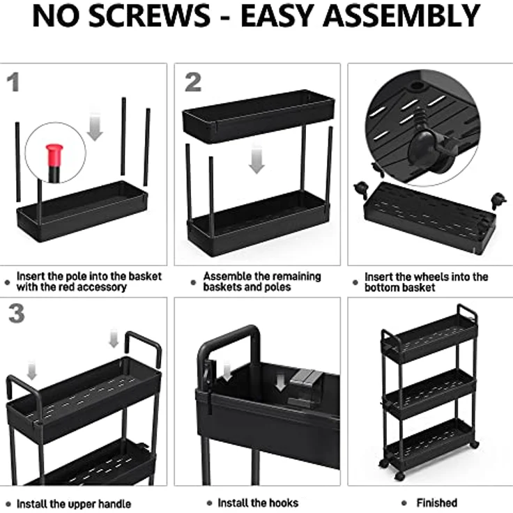 SOLEJAZZ Rollwagen, Küchenwagen mit 3 Ebenen, Schmale Rollwagen Nischenregal auf Rollen für Küche, Bad, Waschküche, Schlafzimmer, schmale Plätze, Kunststoff,mit Griffen, 13 x 40 x 61 cm,Schwarz – Bild 8