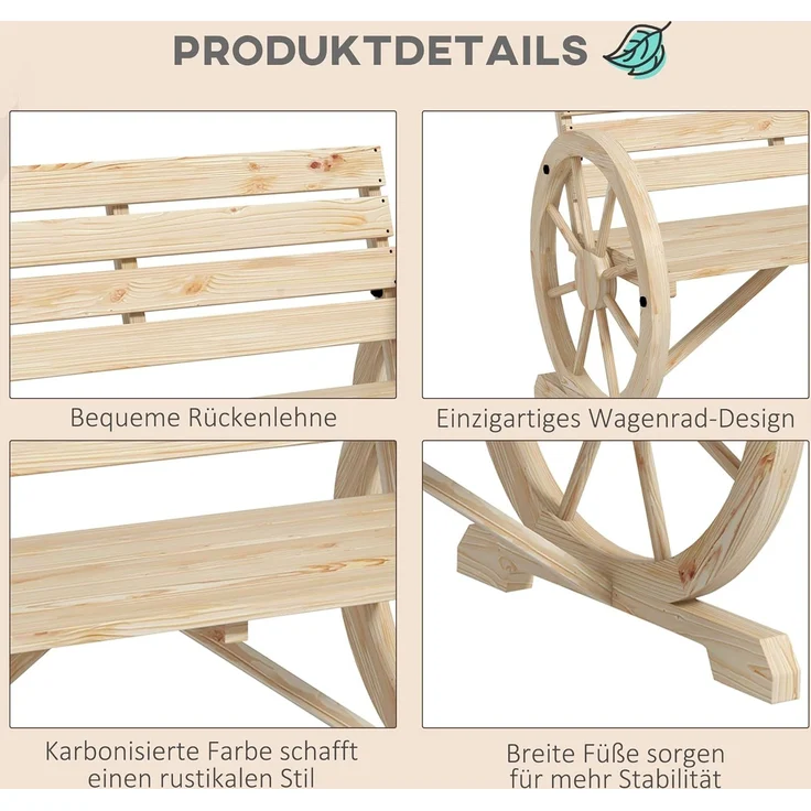 Outsunny Gartenbank 2-Sitzer Sitzbank Holzbank Wagenrad mit Armlehne Landhausstil Tannenholz Naturholz 105,5 x 56 x 79 cm – Bild 5