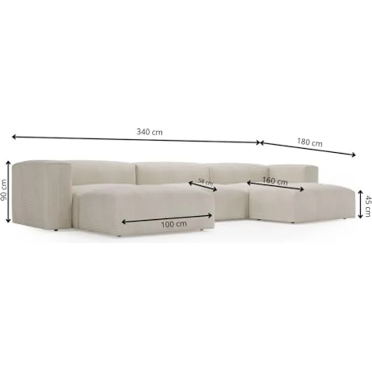 GrainGold Ecksofa U-Form LANDI - 340x180 cm, Schwarz, Universal, Wellenfedern, T25-Schaum – Bild 3