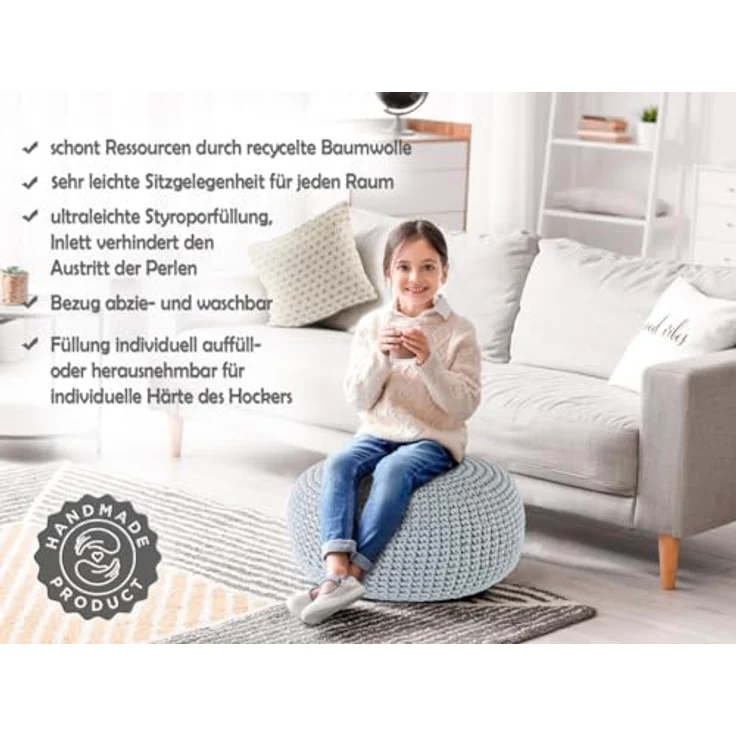 Amagohome Sitzhocker Bodenkissen Pouf Ø55 H37 Mohar Sitzhocker Sitzpouf waschbar nachfüllba, Bezug abnehmbar u. bei 30° Feinwäsche waschbar! – Bild 8