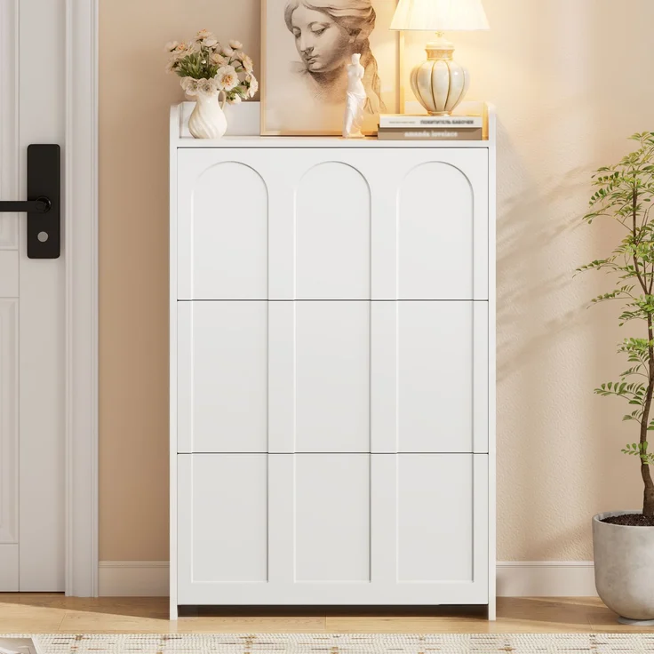 Schuhschrank 70 x 25 x 120 cm aus MDF, weiß, mit Klapptüren und Schublade – Bild 1