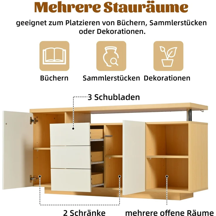 DESVIAE Sideboard mit LED-Beleuchtung und 3 Schubladen, 140x70x40 cm, Spanplatte, Weiß und Eiche hell – Bild 5
