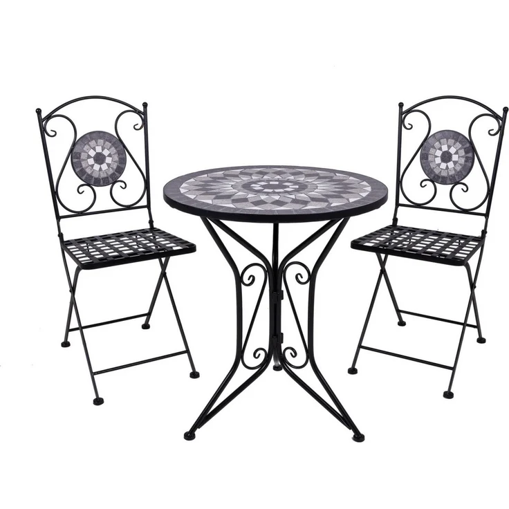 Balkonset JALUA 3-tlg Steingut Mosaik weiß grau Garten Sitzgruppe Outdoor Set – Bild 1