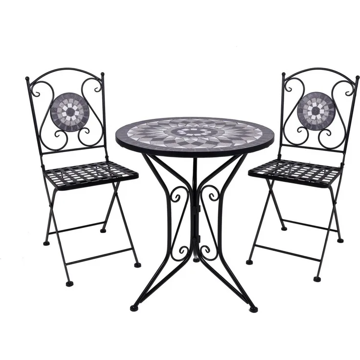Balkonset JALUA 3-tlg Steingut Mosaik weiß grau Garten Sitzgruppe Outdoor Set