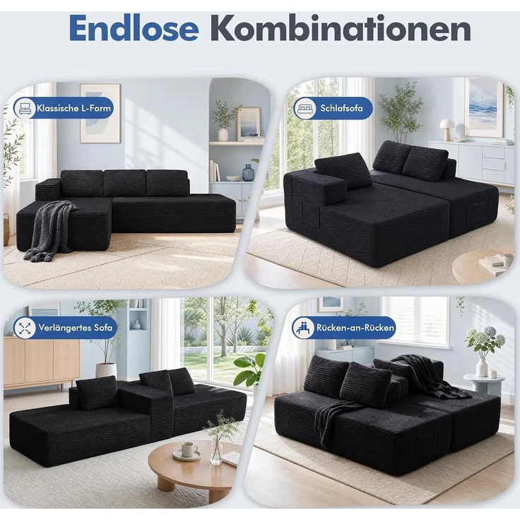COMHOMA Ecksofa mit Schlaffunktion, 255cm Corduroy Modulares Boneless Couch mit Chaiselongue & Rücken-Metallgestell, L-Form Schlafsofa mit offenem Design, Kissen & Seitentaschen,für Wohnzimmer,Schwarz-R – Bild 6